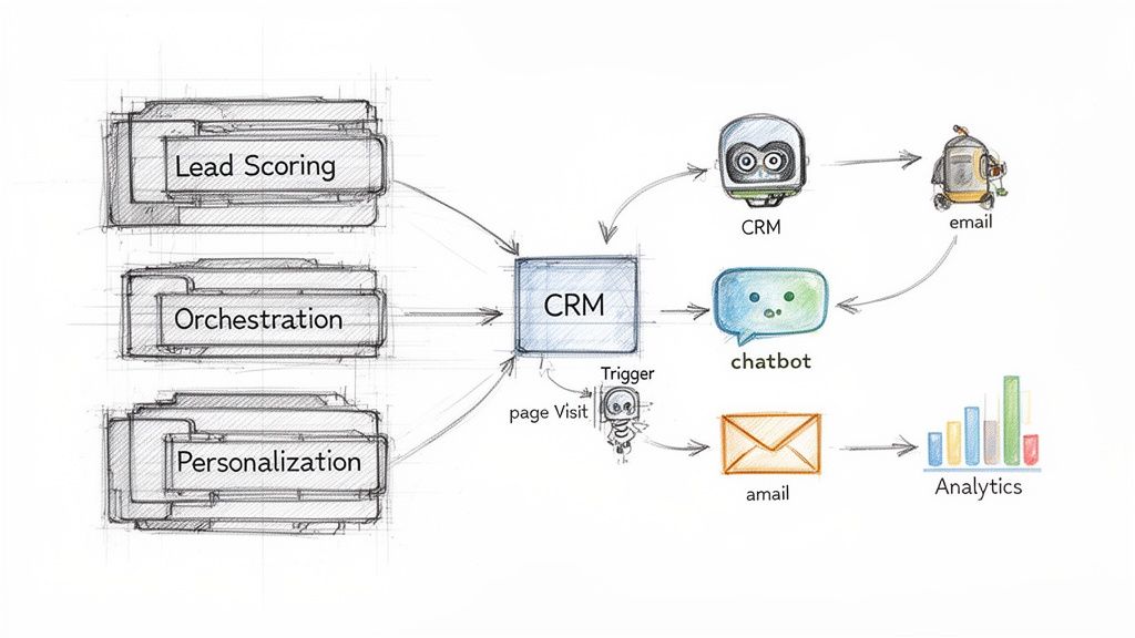Marketing automation flow diagram: lead scoring, orchestration, personalization into CRM, email, chatbot, and analytics.