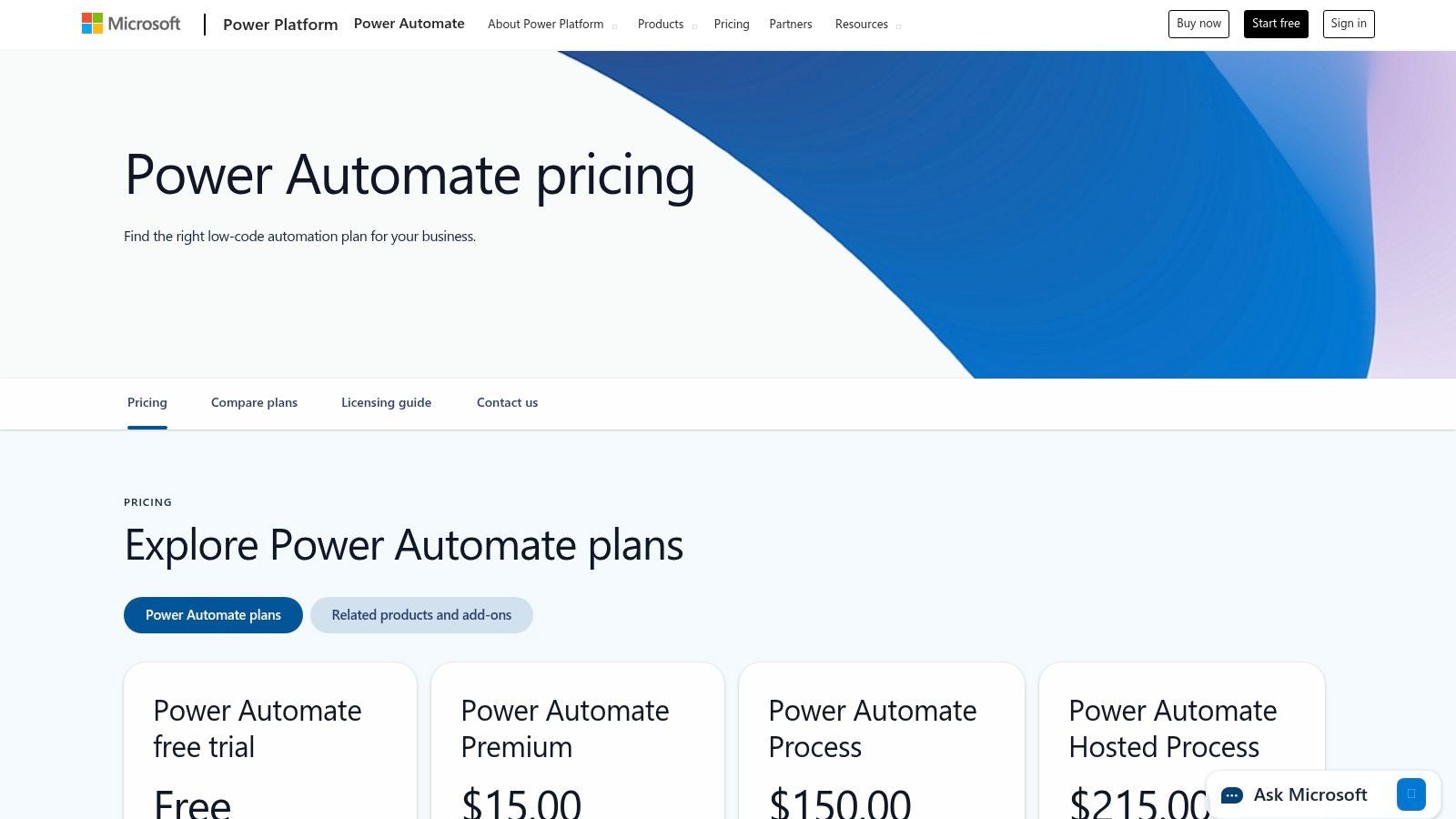 bpm tools pricing plans for Microsoft Power Automate