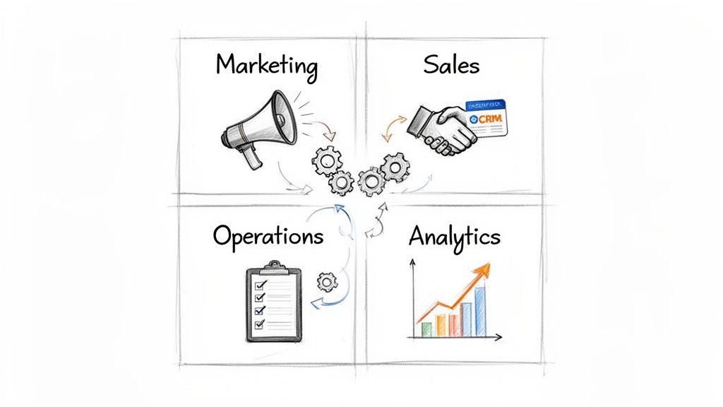 A diagram visually represents the integration of core business functions: Marketing, Sales, Operations, and Analytics.