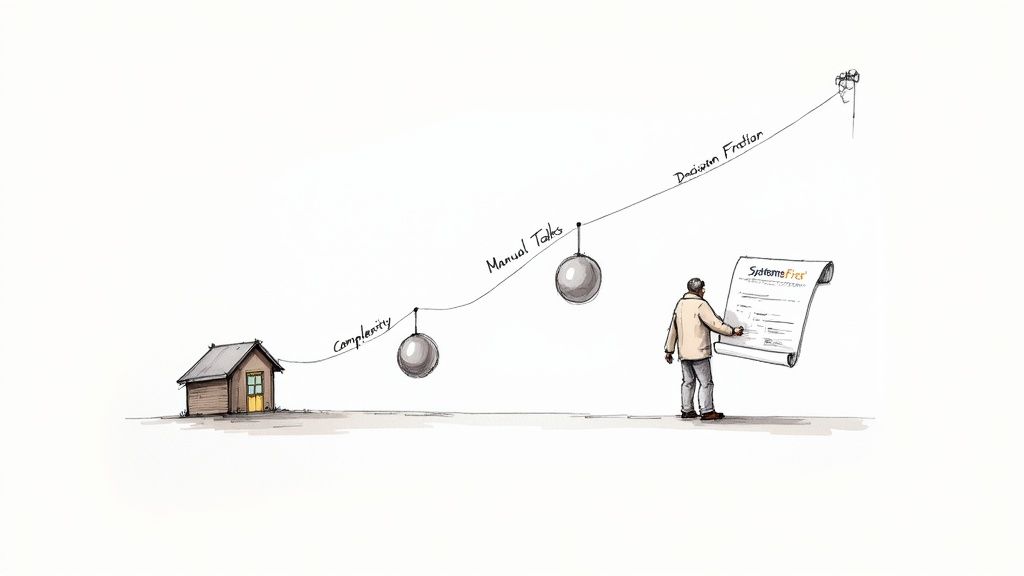 A minimalist geometric visual representing the concept of operational gravity pulling down on a company's workflow, with lilac, maroon, and black colors. The ALT text is 'how to improve workflow efficiency with AI automation'.