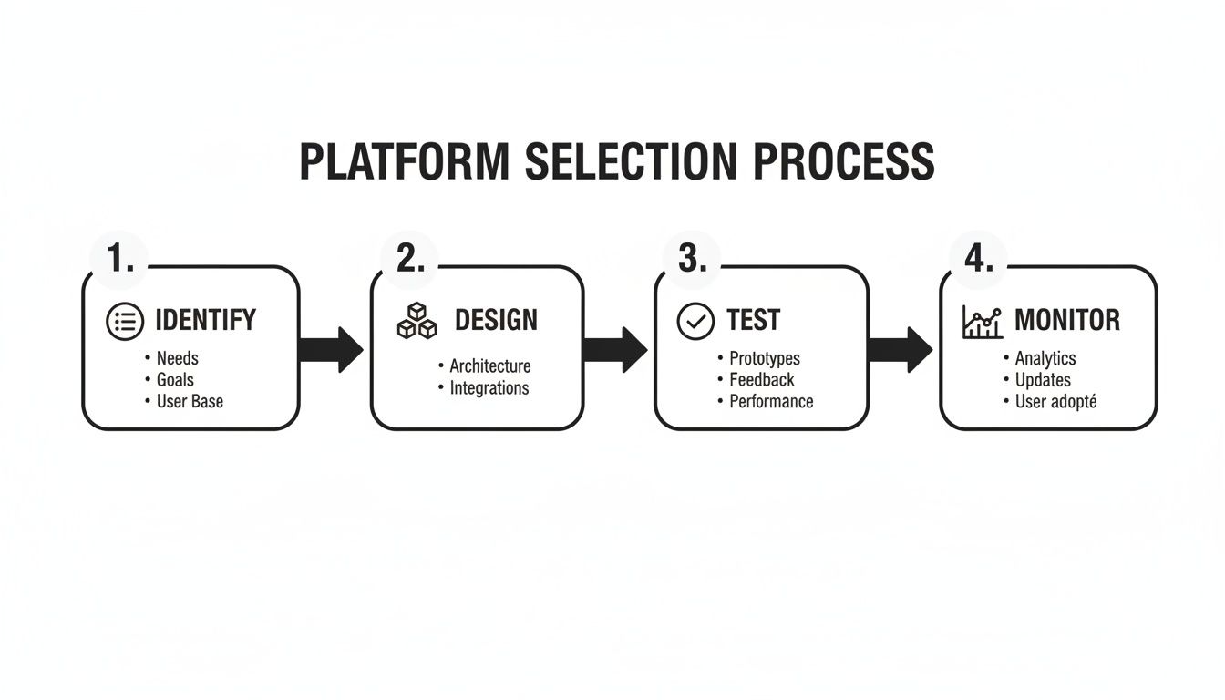 Flowchart illustrating a four-step platform selection process: Identify, Design, Test, and Monitor, with key considerations for each.
