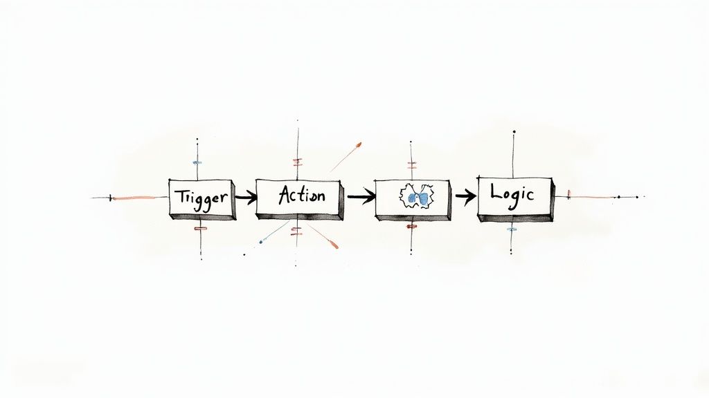 Diagram illustrating a no-code automation workflow with Trigger, Action, and Logic steps.