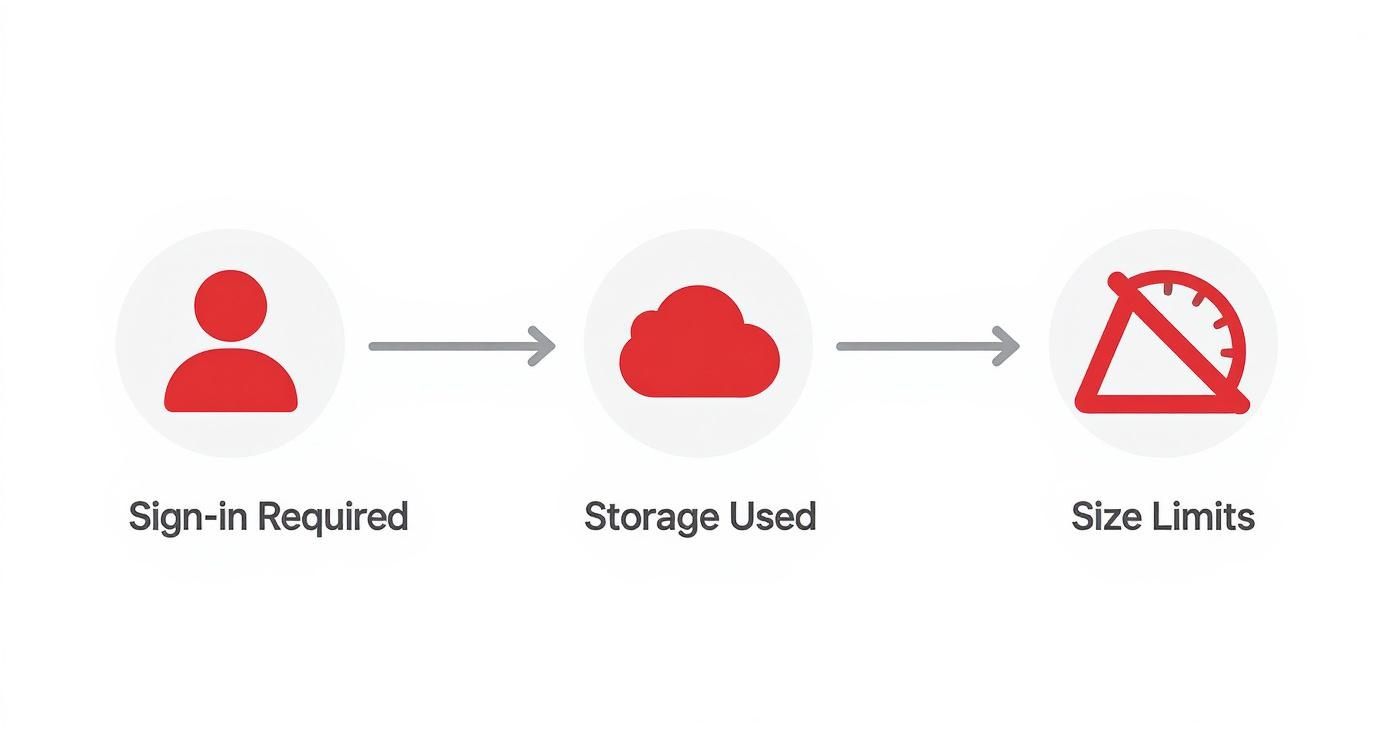 A workflow diagram illustrating steps: 'Sign-in Required', 'Storage Used', and 'Size Limits'.