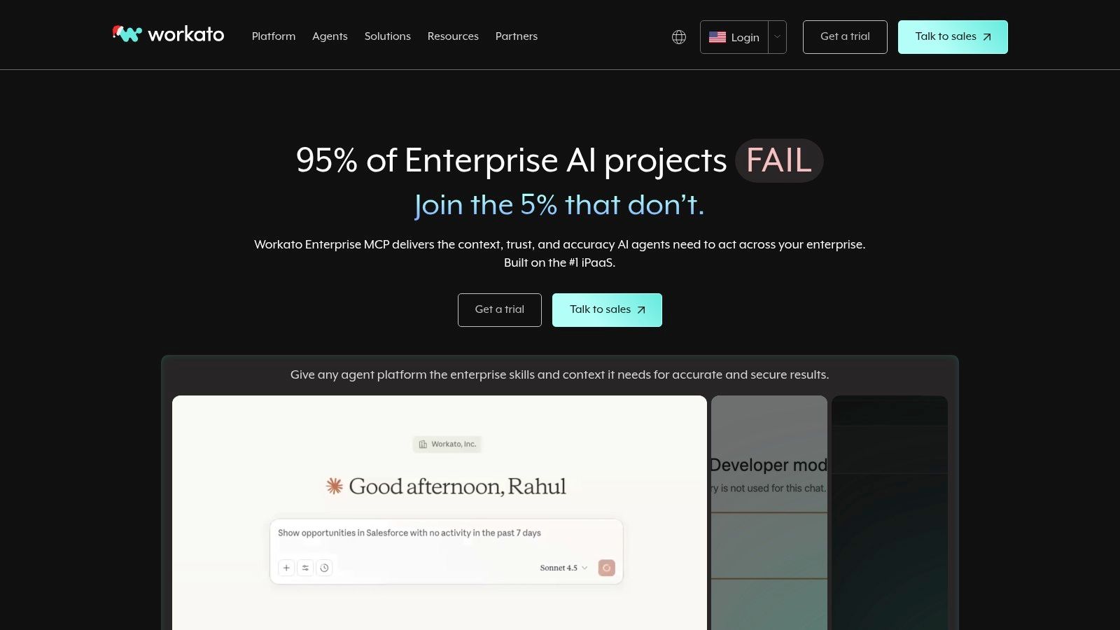 Workato automation recipe builder showing a workflow connecting different enterprise apps.
