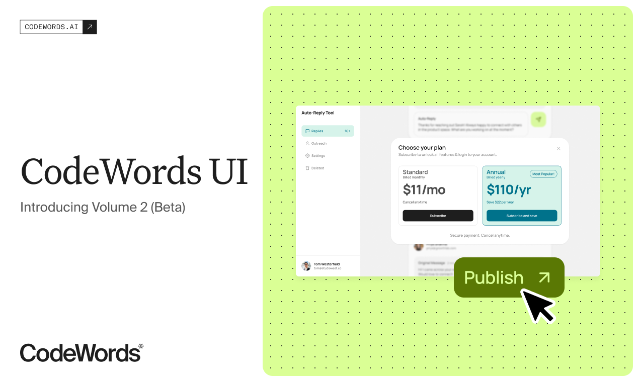 CodeWords UI Volume 2 (Beta) title card, with a preview of the publish flow showing a plan upgrade prompt and Publish button