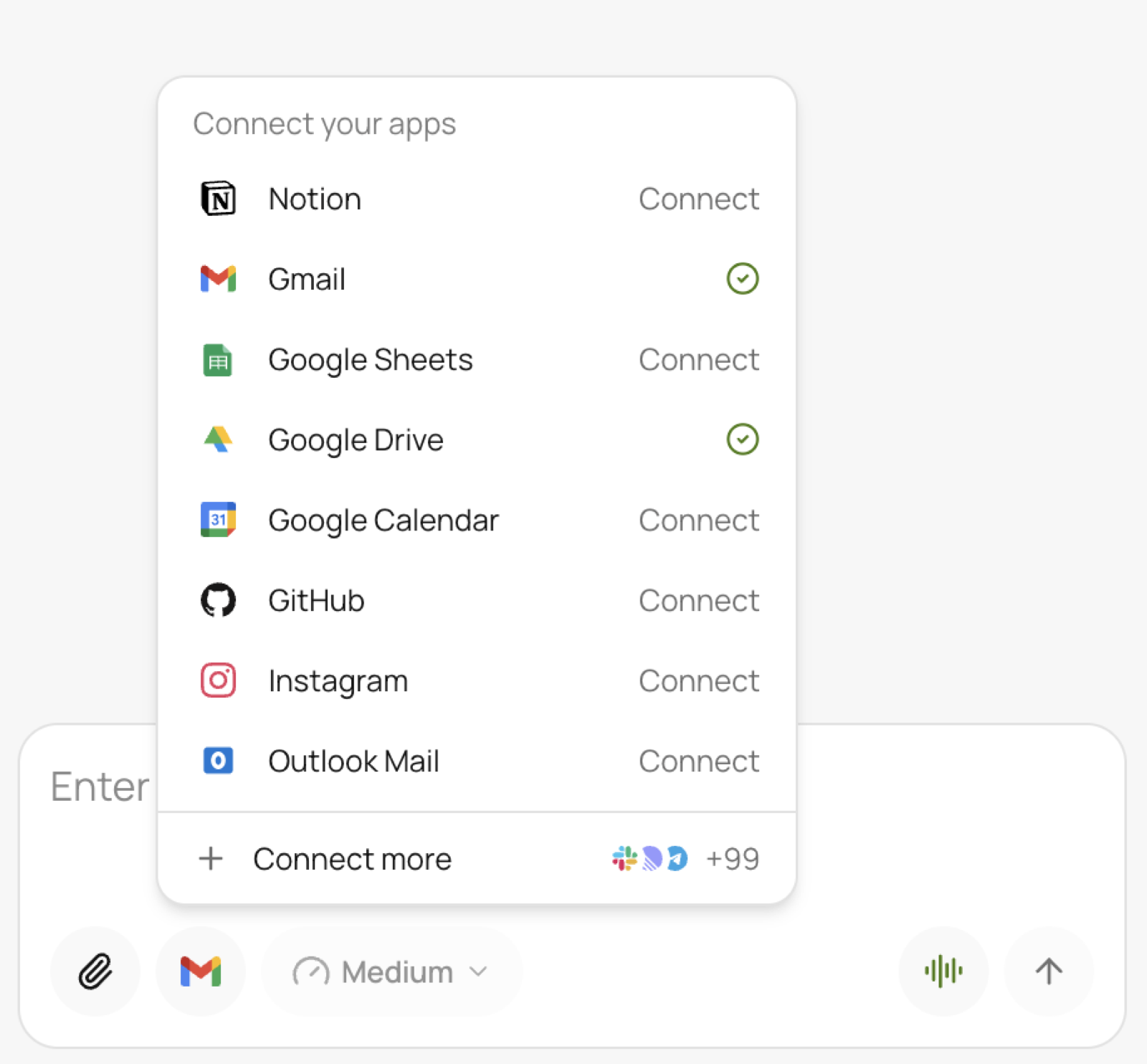 The Connect Apps menu open above the chat input, showing Gmail and Google Drive already connected and more tools available to add