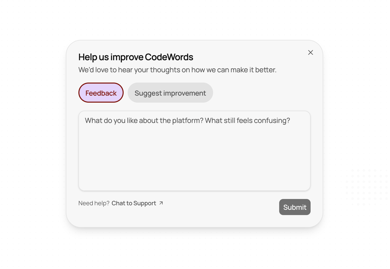 The 'Help us improve CodeWords' feedback modal with Feedback and Suggest improvement tabs, a text box, and a Submit button