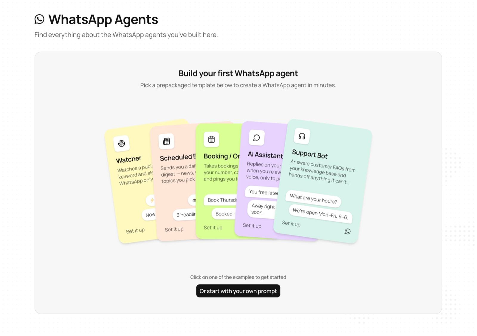 The WhatsApp Agents page showing five ready-made agent templates: Watcher, Scheduled Digest, Booking, AI Assistant, and Support Bot